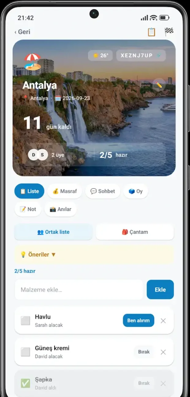 Ortak eşya listesi ekranı