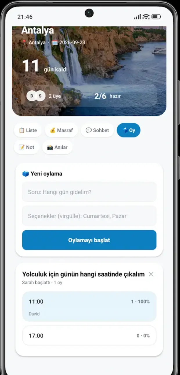 Oy sekmesi: yeni oylama ve oy sonuçları