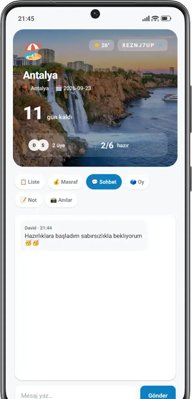Sohbet sekmesi: geziye özel grup mesajları