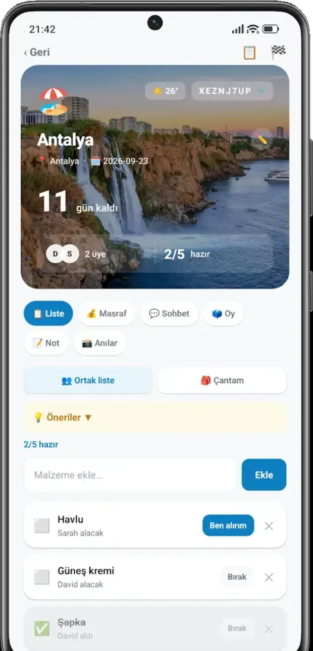 List tab: shared packing list and who is bringing what