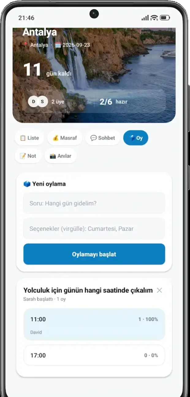 Polls tab: a new poll and its results